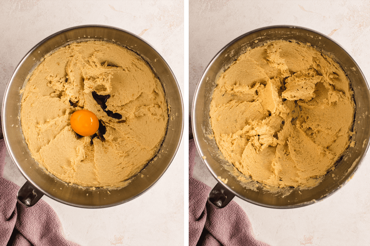How to Make Chocolate Hazelnut Thumbprint Cookies (process shots) Beating in egg yolk, vanilla, and milk in a mixer until well-combined.