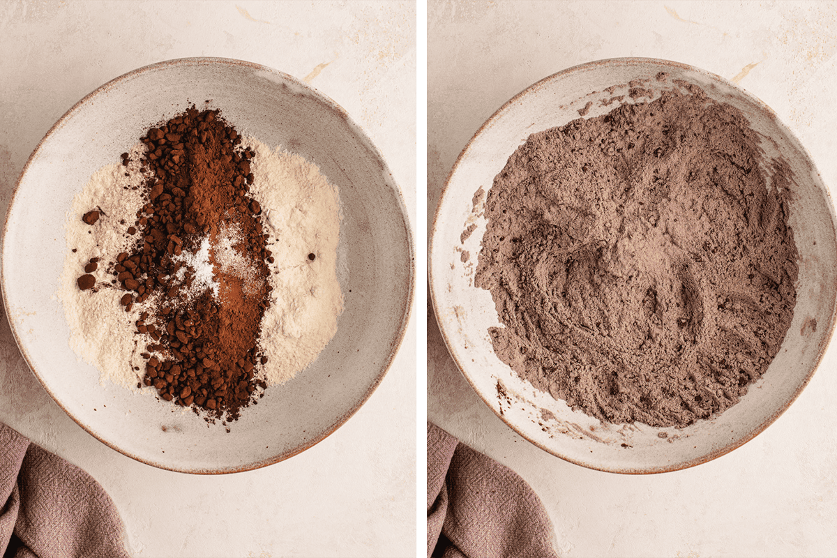 How to Make Chocolate Hazelnut Thumbprint Cookies (process shots) Whisking flour, cocoa, baking powder, and salt in a bowl.