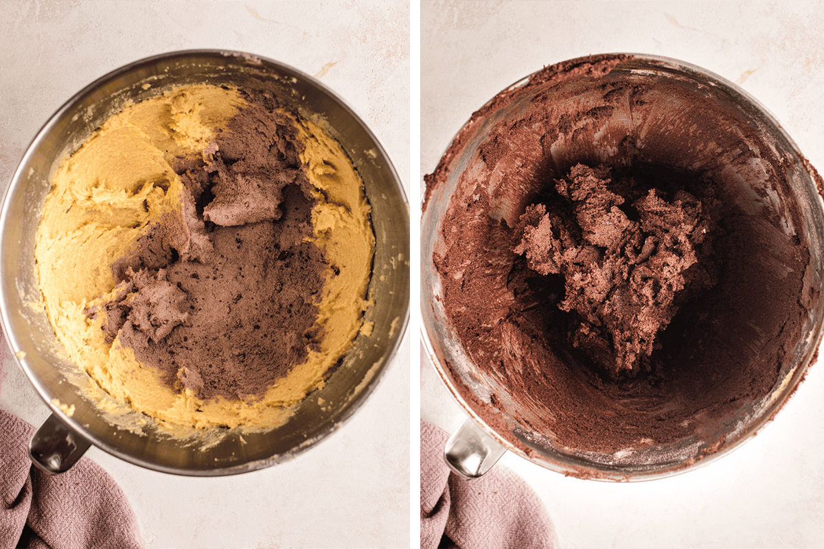 How to Make Chocolate Hazelnut Thumbprint Cookies (process shots) Adding dry ingredients into wet ingredients in a mixer; mixing everything until just combined.