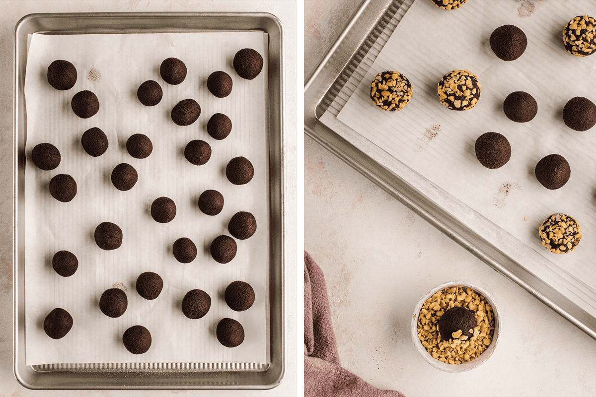 How to Make Chocolate Hazelnut Thumbprint Cookies (process shots) Shaping the cookie dough into small balls and coating the cookie balls with chopped hazelnuts - on a baking sheet.