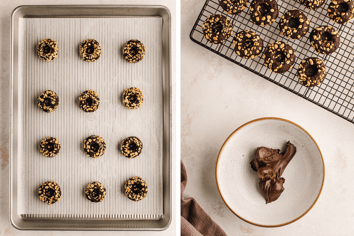 How to Make Chocolate Hazelnut Thumbprint Cookies (process shots) Creating indentations in the center of each cookie on a baking sheet, and transferring cookies to a rack after baking.