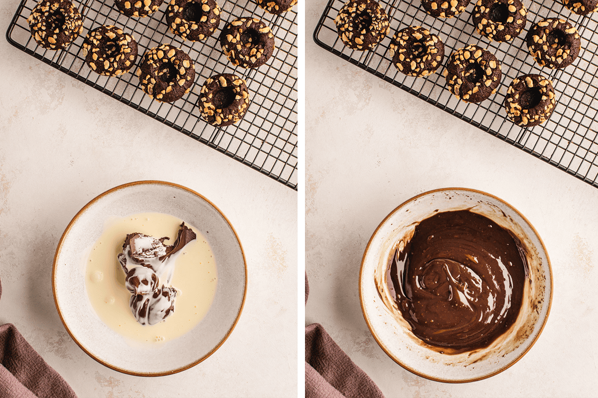 How to Make Chocolate Hazelnut Thumbprint Cookies (process shots) Pouring cream over Nutella in a bowl, then stirring until silky.