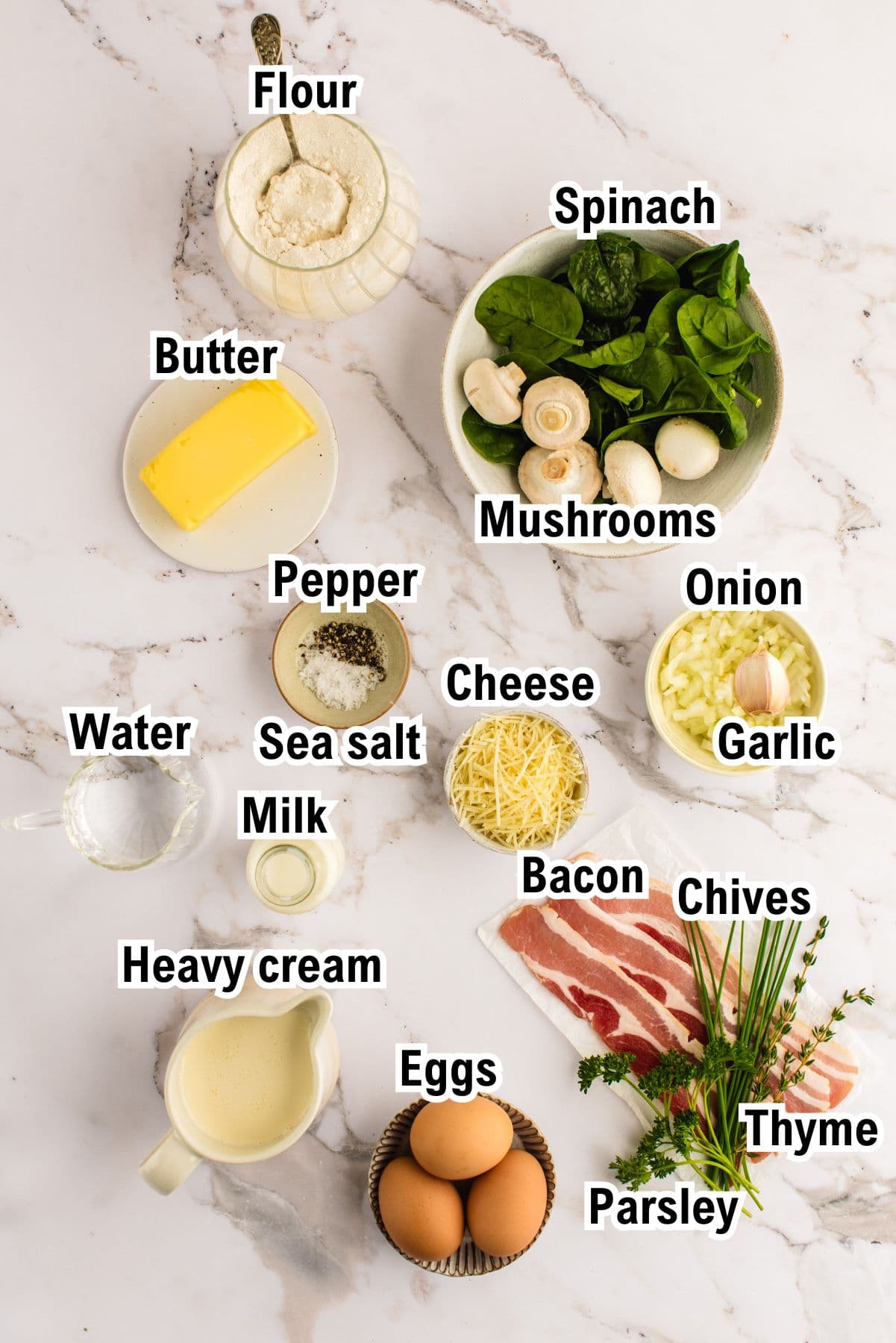 This photo shows all the ingredients (labeled) to make mini quiches.