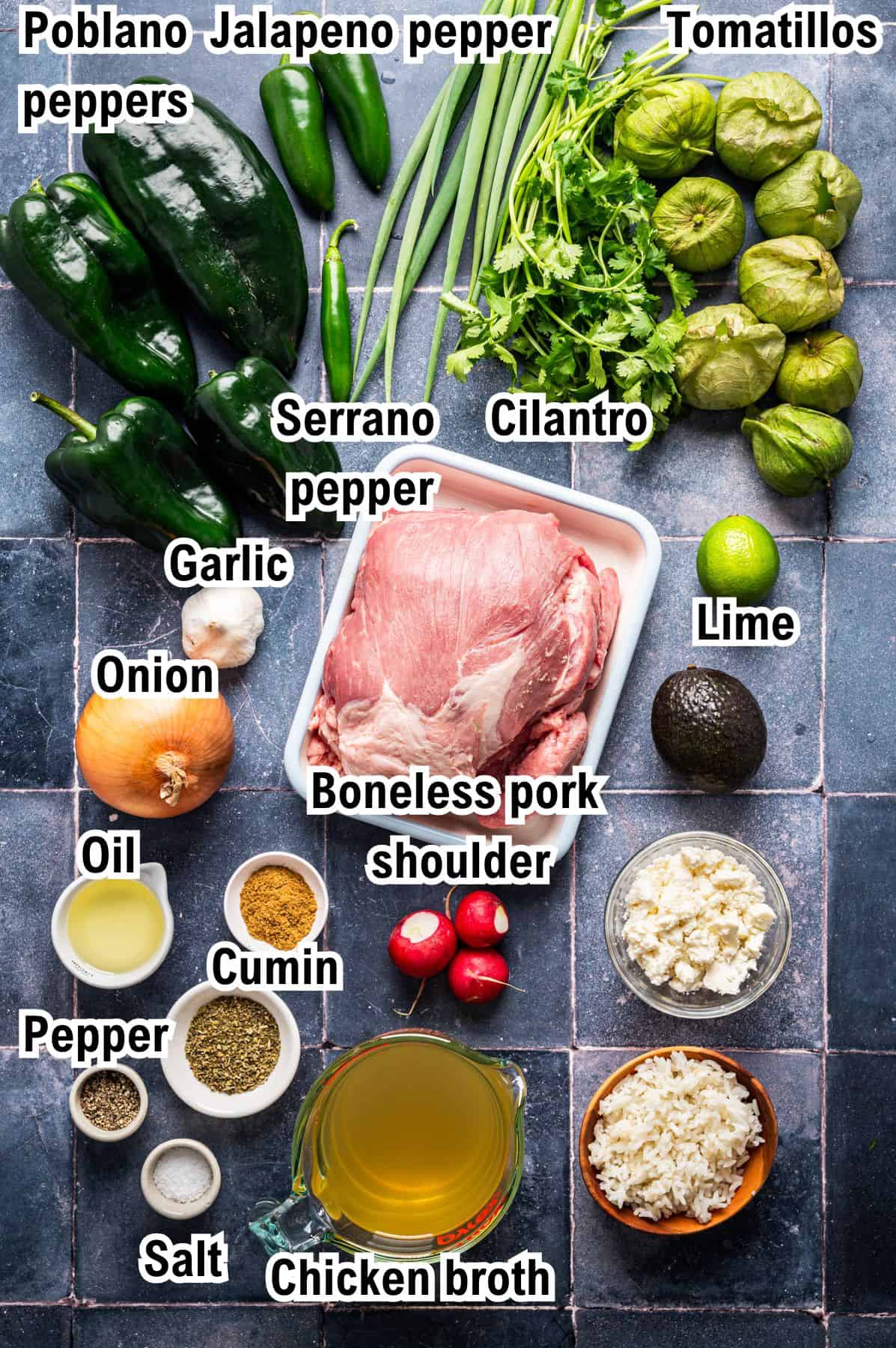 Overhead view of ingredients for Pork Chile Verde on a blue tile surface, including labeled poblano, jalapeno, serrano peppers, tomatillos, cilantro, garlic, onion, oil, spices, chicken broth, boneless pork shoulder, radishes, avocado, lime, and cheese.