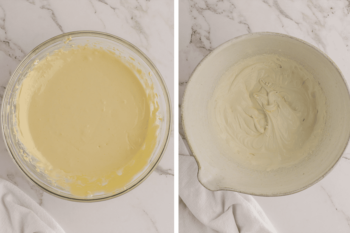 How to Make Tiramisu (Step-by-Step Photos) Side-by-side images show a glass bowl with the whipped egg yolks on the left and a white bowl with whipped mascarpone on the right, both on a marble surface with a white cloth partially visible.