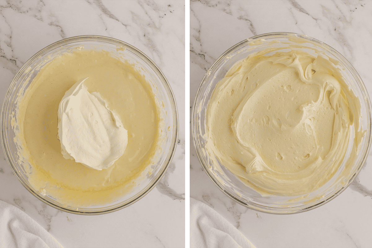 How to Make Tiramisu (Step-by-Step Photos) Two side-by-side photos show a glass bowl with batter. The left side has a dollop of whipped cream on top of the mascarpone mixture; the right side shows the ingredients fully mixed into a smooth, creamy mixture.