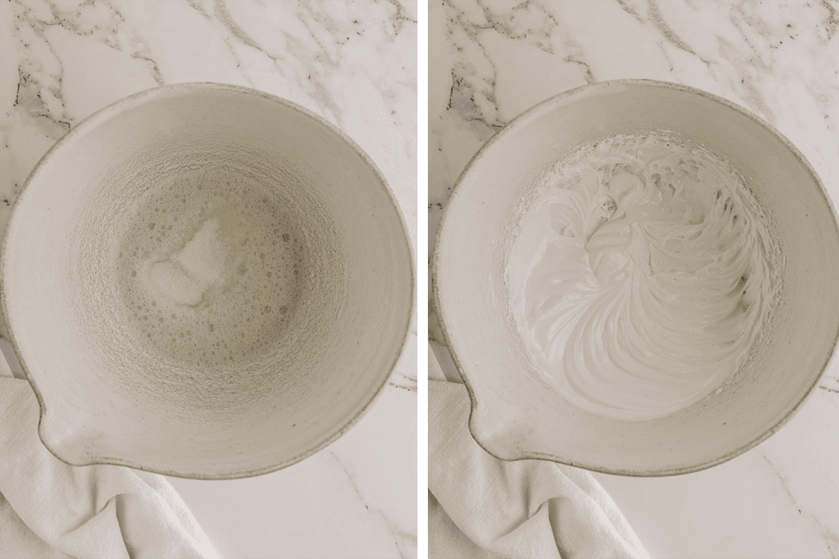 How to Make Tiramisu (Step-by-Step Photos) Side-by-side images of a mixing bowl on a marble surface: left shows frothy beaten egg whites; right shows firm, glossy, stiff peaks formed after folding whipped egg whites into the mascarpone mixture. A white cloth is partially visible beside the bowl.