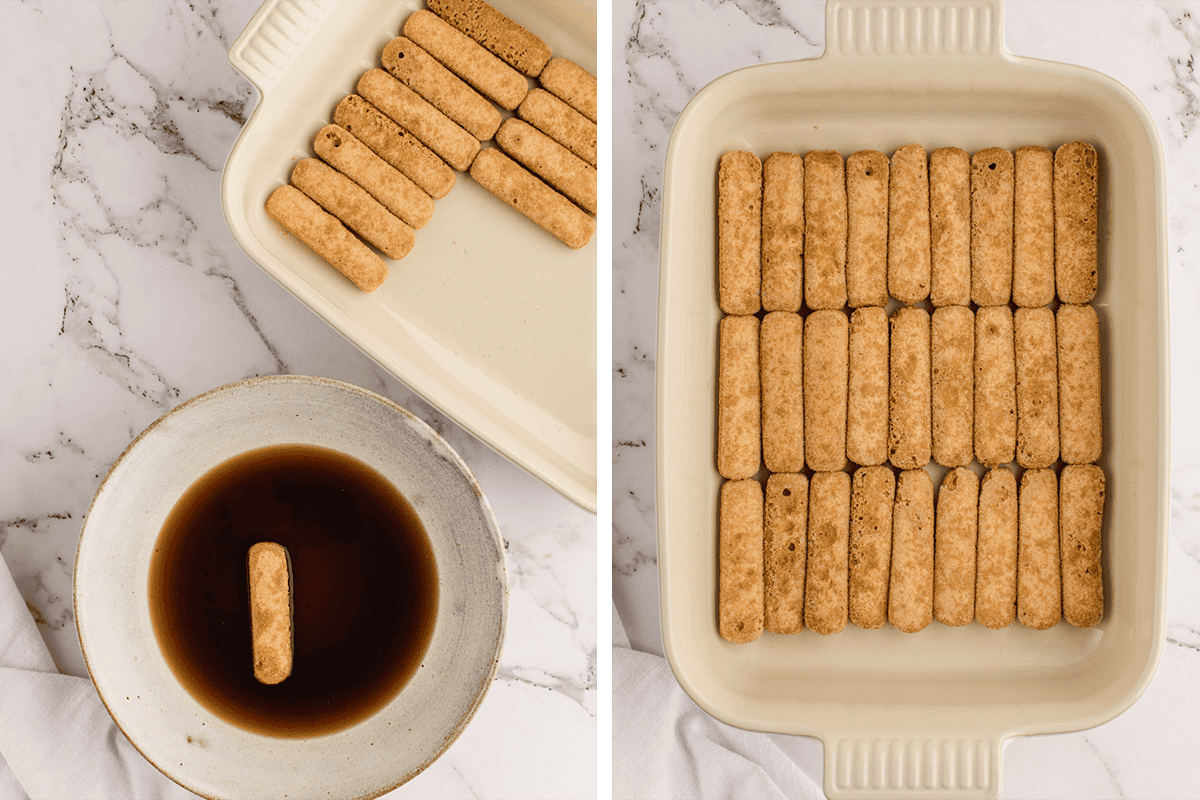 How to Make Tiramisu (Step-by-Step Photos) Two panels: Left shows a ladyfinger being dipped into a bowl of coffee, with a baking dish nearby. Right shows a baking dish filled with a single layer of soaked ladyfingers arranged side by side.