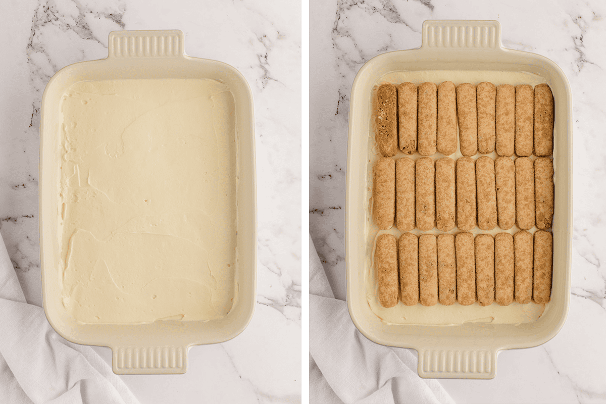 How to Make Tiramisu (Step-by-Step Photos) A beige baking dish on a marble surface; the left side shows a smooth mascarpone cream layer, the right side shows a layer of ladyfinger cookies arranged neatly on top of the mascarpone layer.