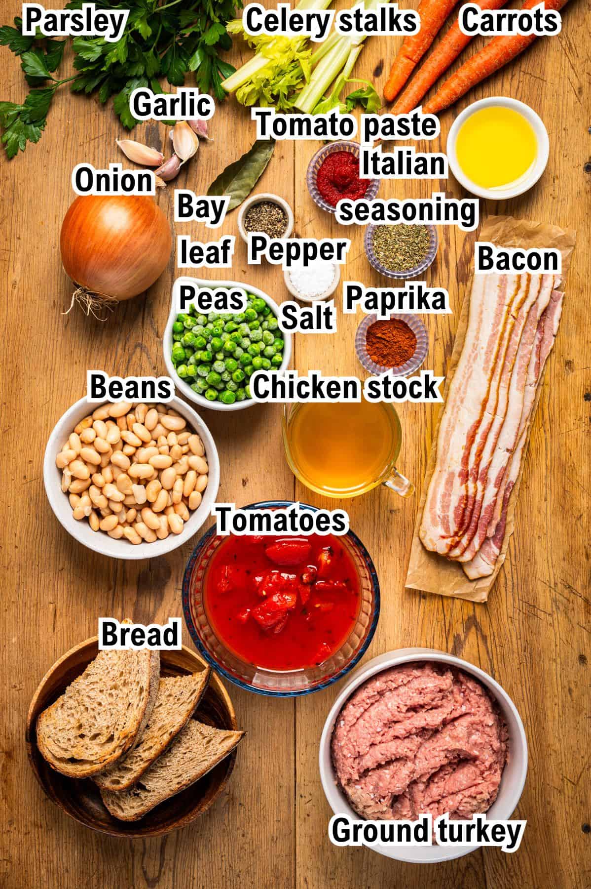 This photo shows all the ingredients  (labeled) for Ground Turkey Soup.