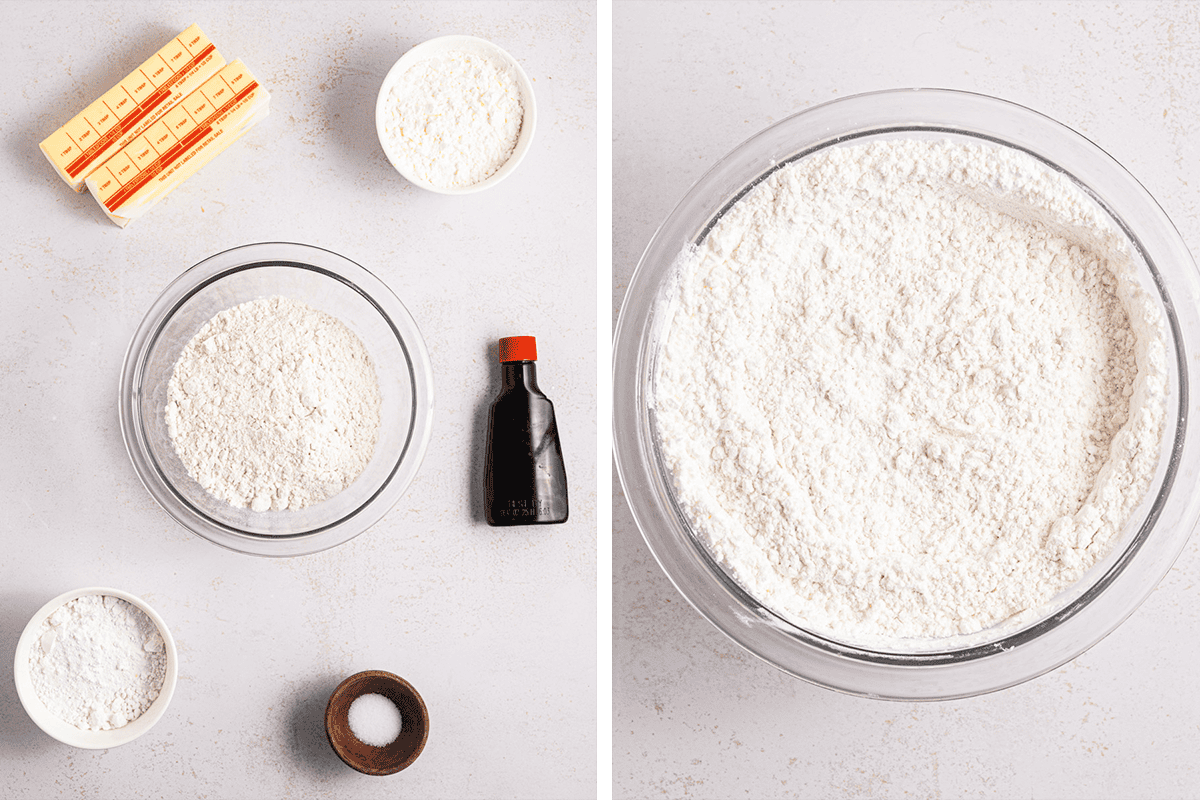 Gathering all the ingredients in one place, then mixing all the dry ingredients in a bowl.