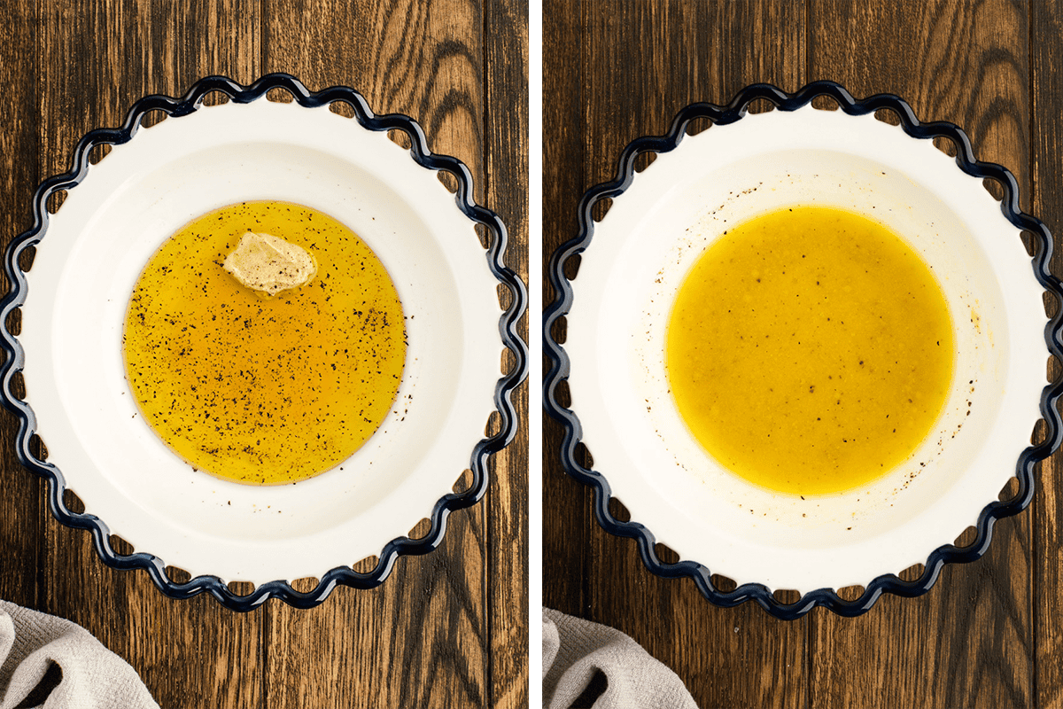 Whisking olive oil, Champagne vinegar, Dijon mustard, honey, salt, and pepper in a bowl until emulsified.