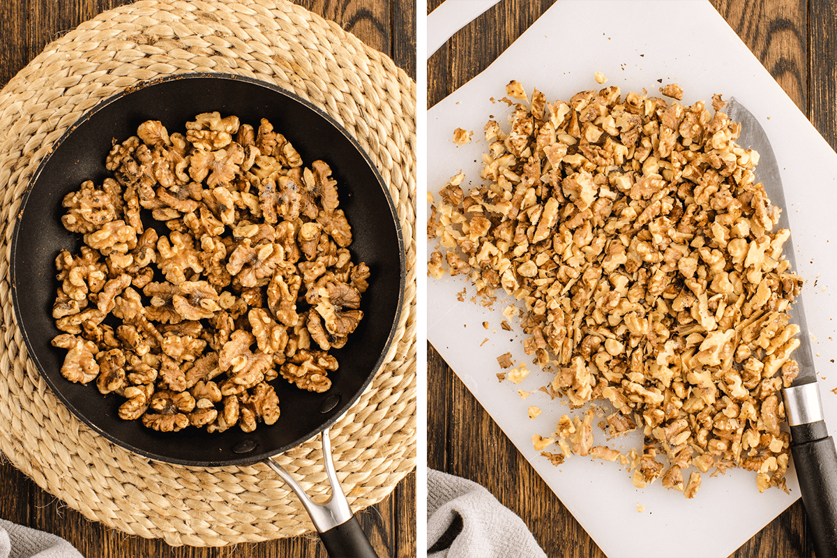 Toasting walnuts in a skillet; then chopping them on a cutting board.