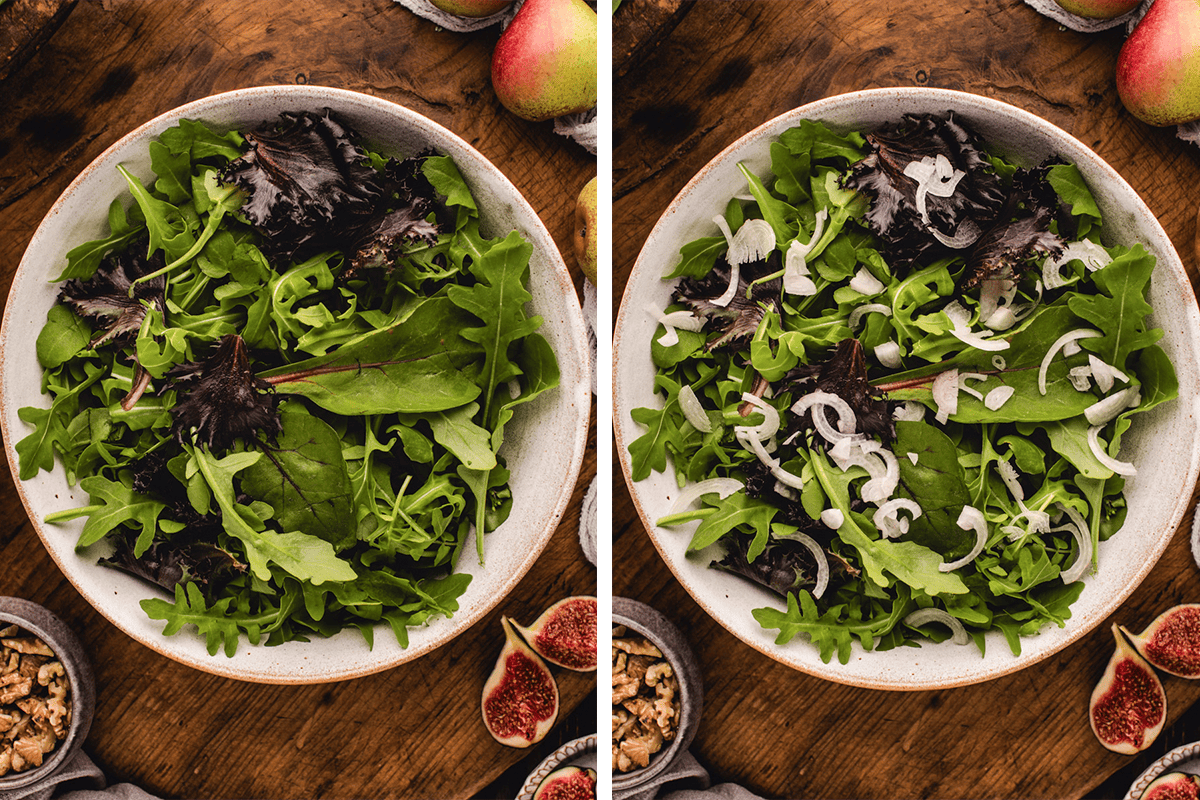 Adding mixed greens to a bowl, then scattering sliced shallots on top.