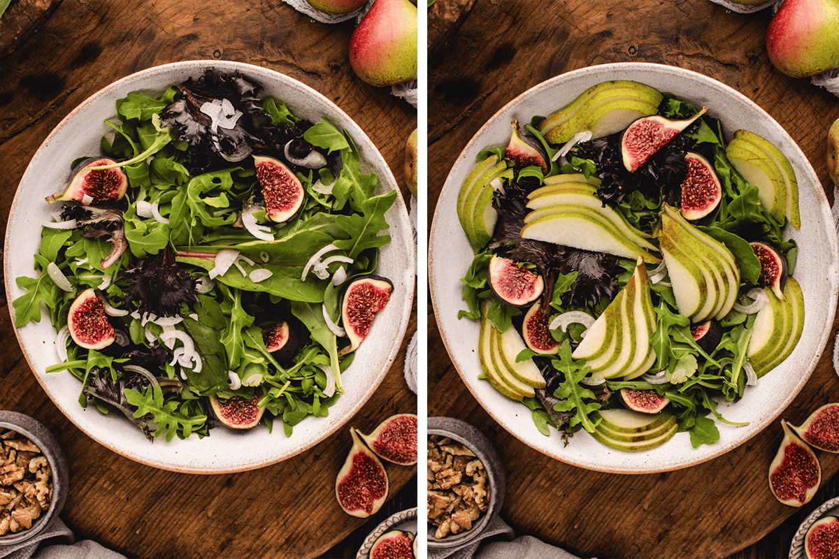 Adding quartered figs on top of the salad, then layering the pear slices on top.