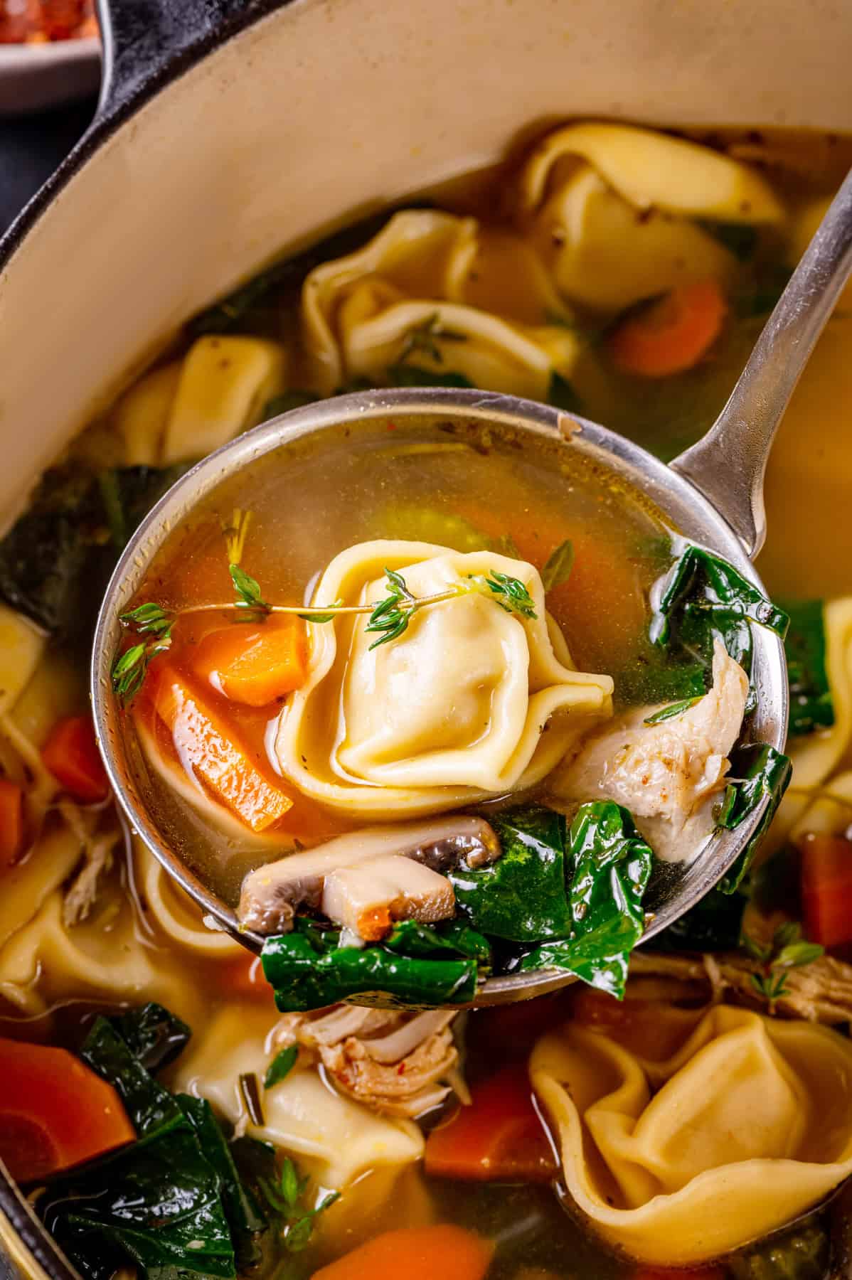 A ladle of chicken tortellini soup with spinach, carrots, mushrooms, and lemon - in a soup pot.