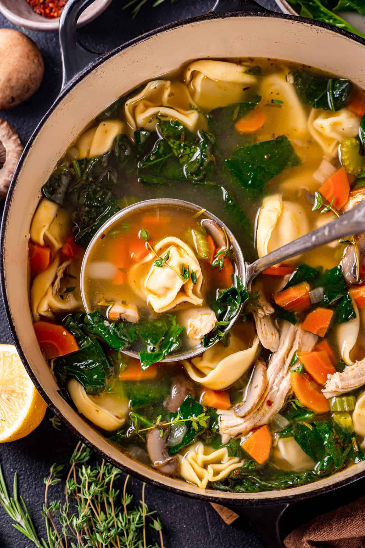 A ladle of Chicken tortellini soup with spinach, carrots, mushrooms, and lemon in a soup pot.