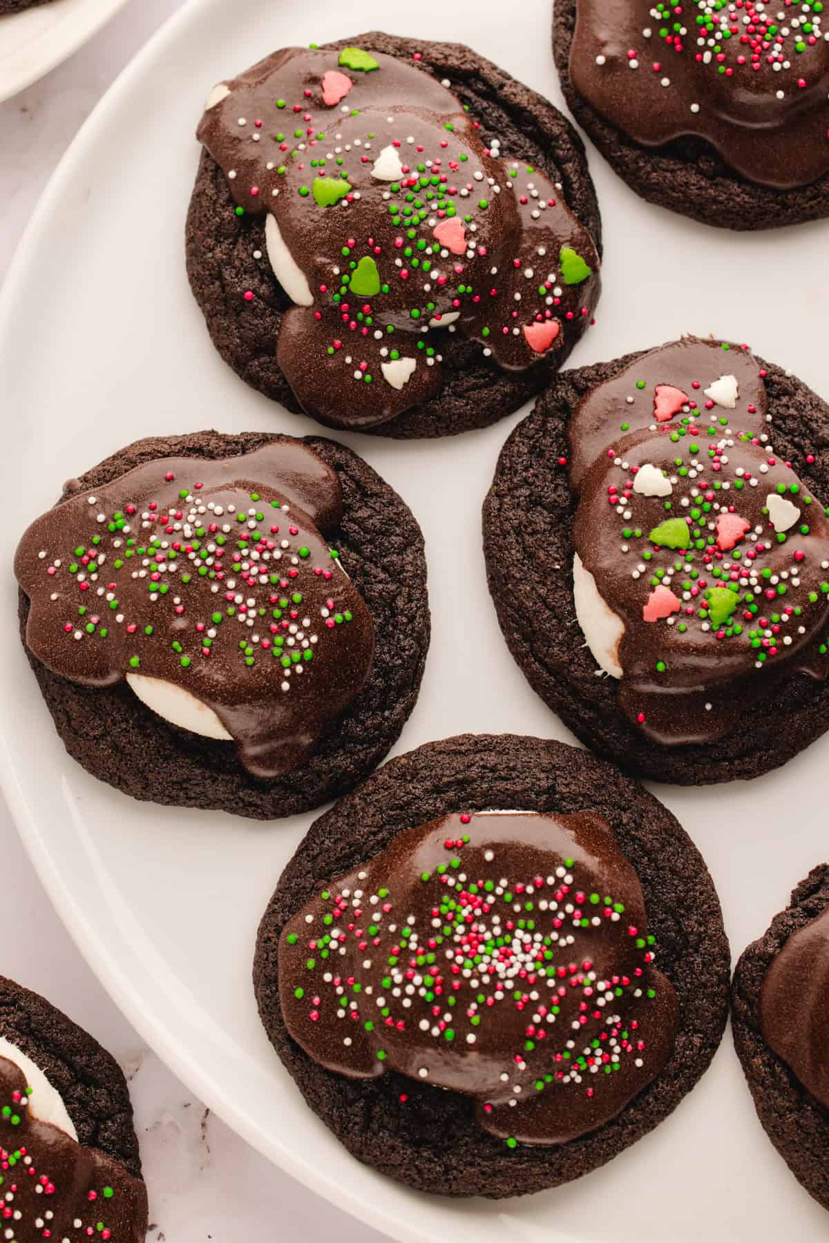 Hot Cocoa Cookies Hot Cocoa Cookies (with sprinkles) - on a white plate.
