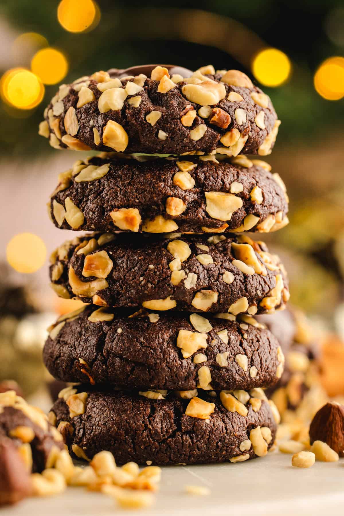 Chocolate Hazelnut Thumbprint Cookies A stack of 5 Chocolate Hazelnut Thumbprint Cookies.