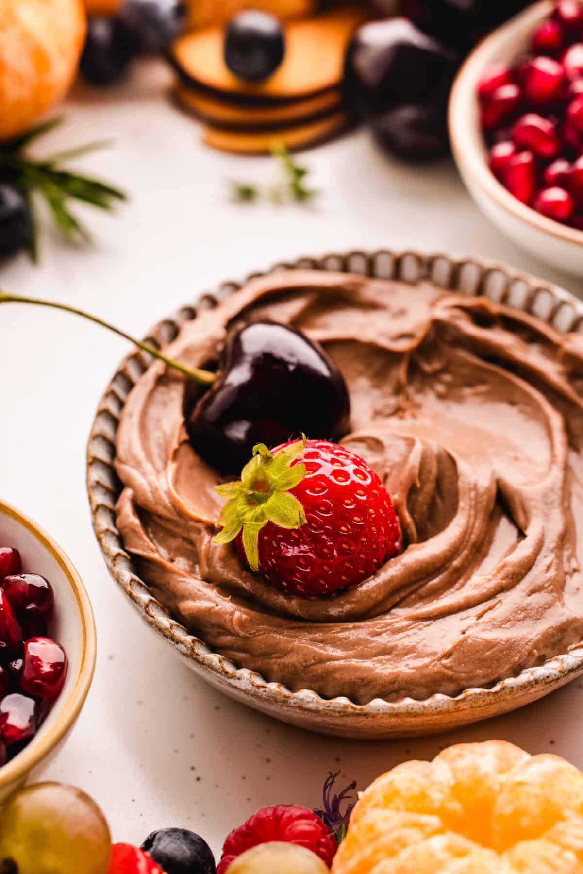 Nutella Dip for Fruit Platter Nutella dip in a white bowl.