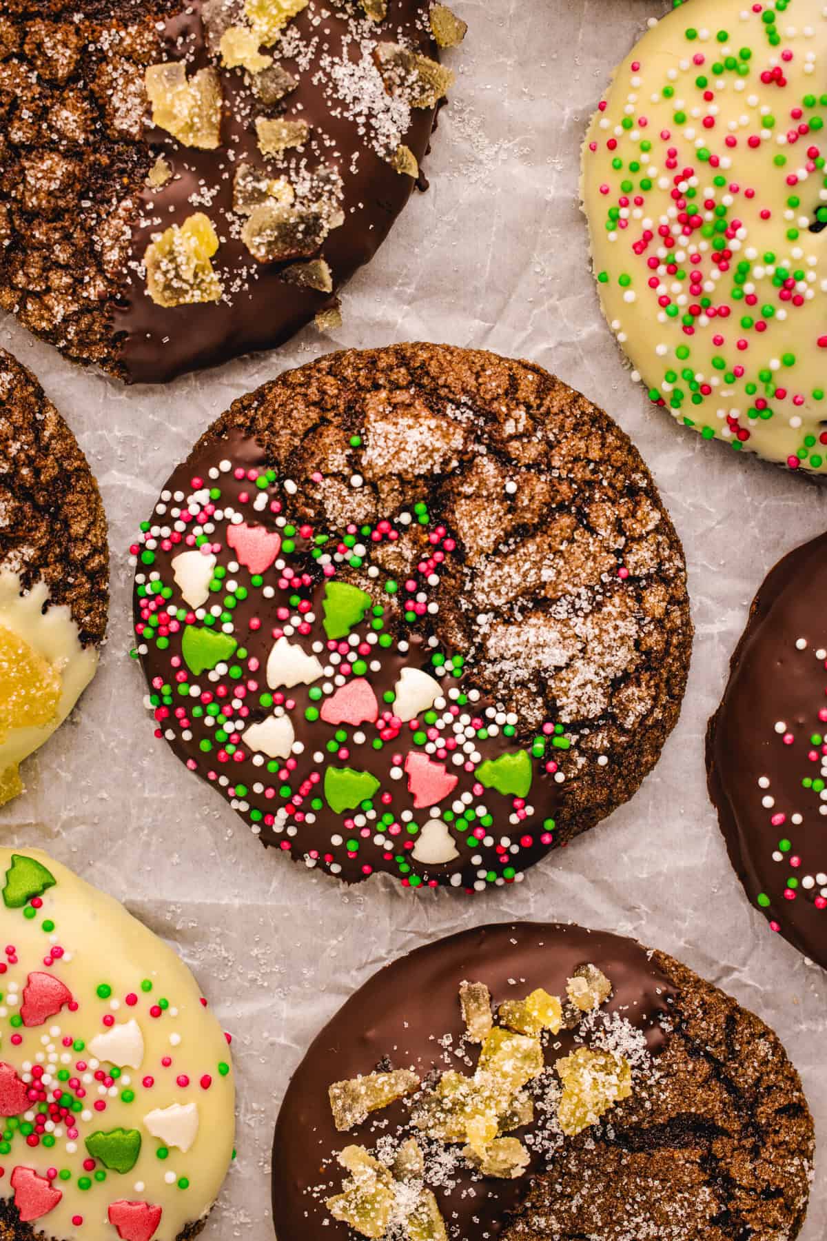 Ginger molasses cookies (some dipped in white chocolate, some with dark chocolate, topped with festive sprinkles or crystallized ginger) - on a white background.