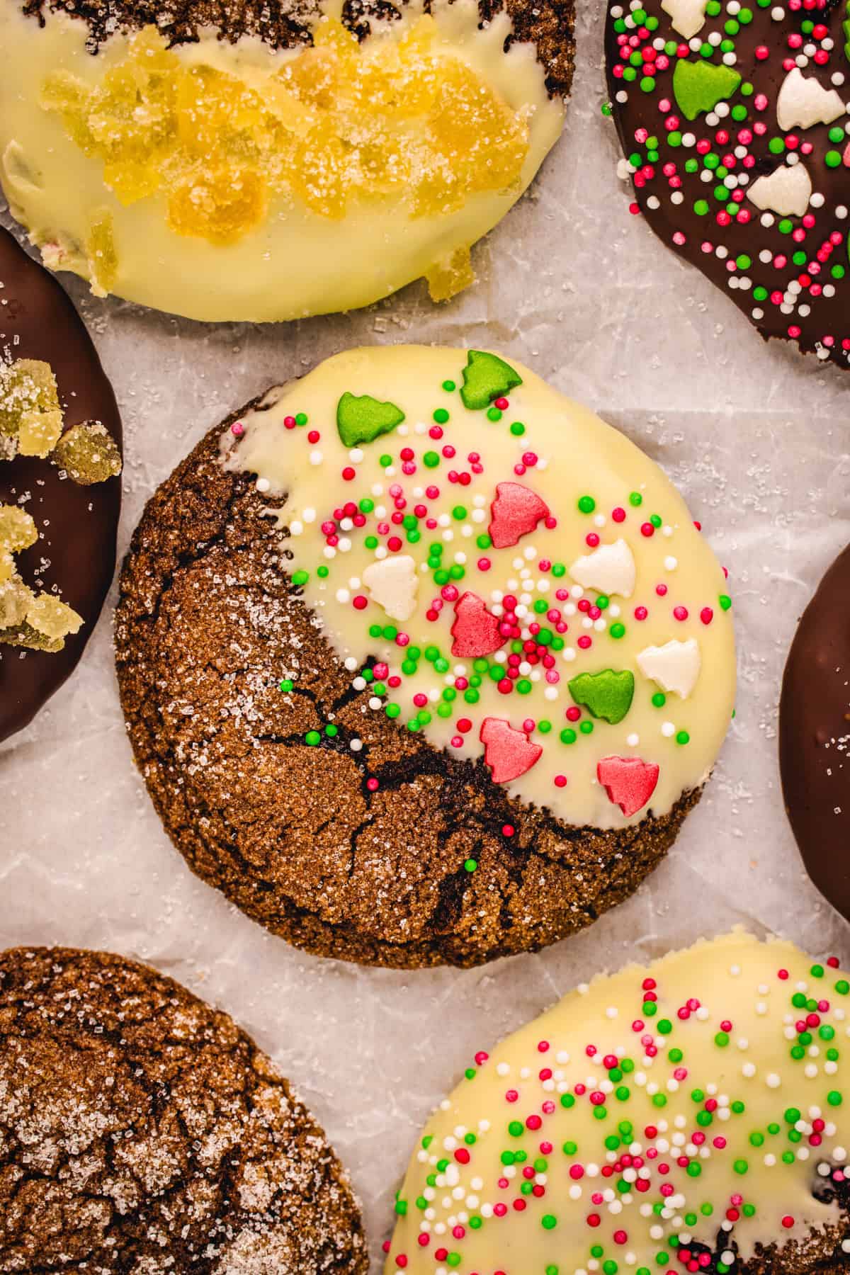 Ginger molasses cookies dipped in white chocolate and topped with festive sprinkles - on a white background.