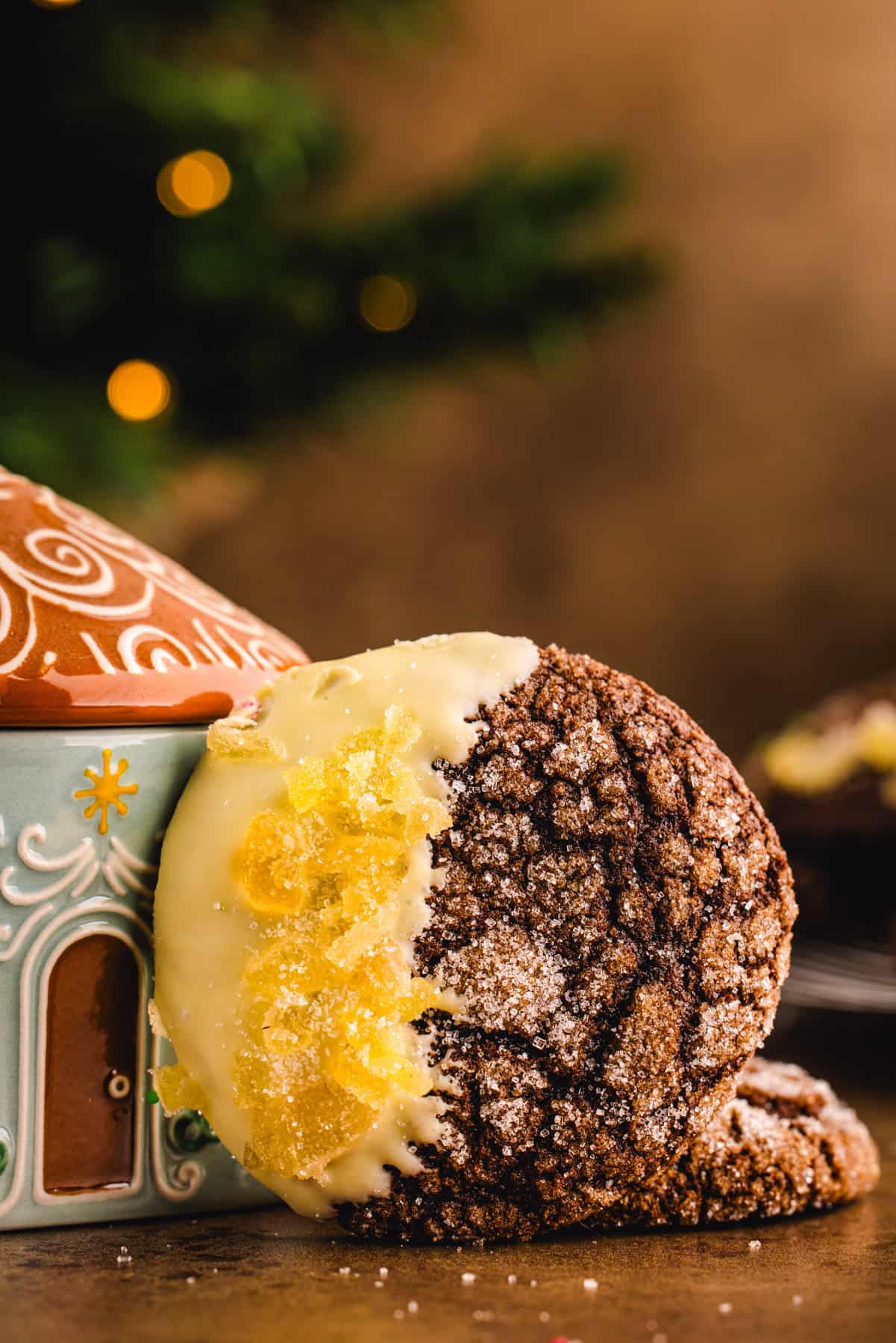 Ginger molasses cookie dipped in white chocolate and topped with crystallized ginger.