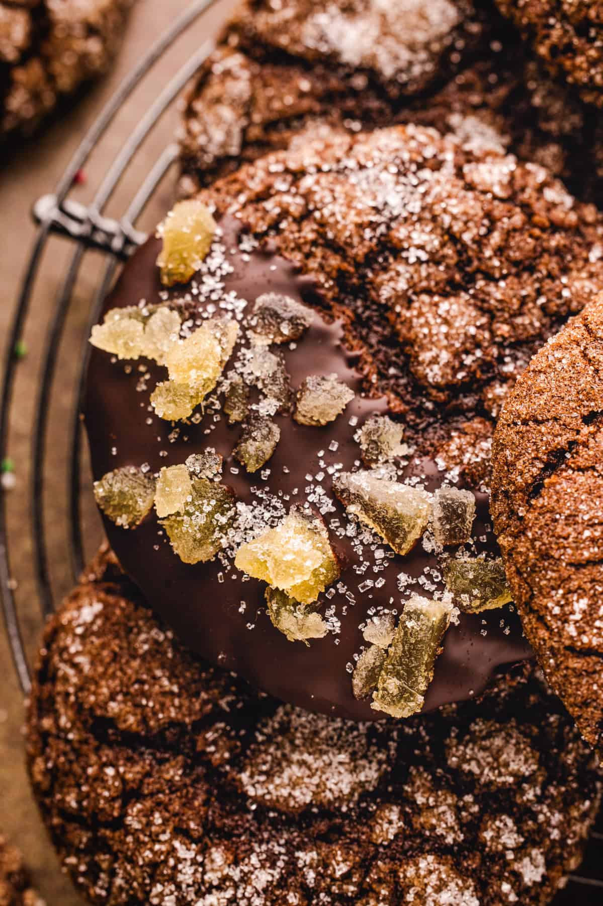 Ginger Molasses Cookie dipped in dark chocolate and topped with crystallized ginger - on a rack with other cookies.