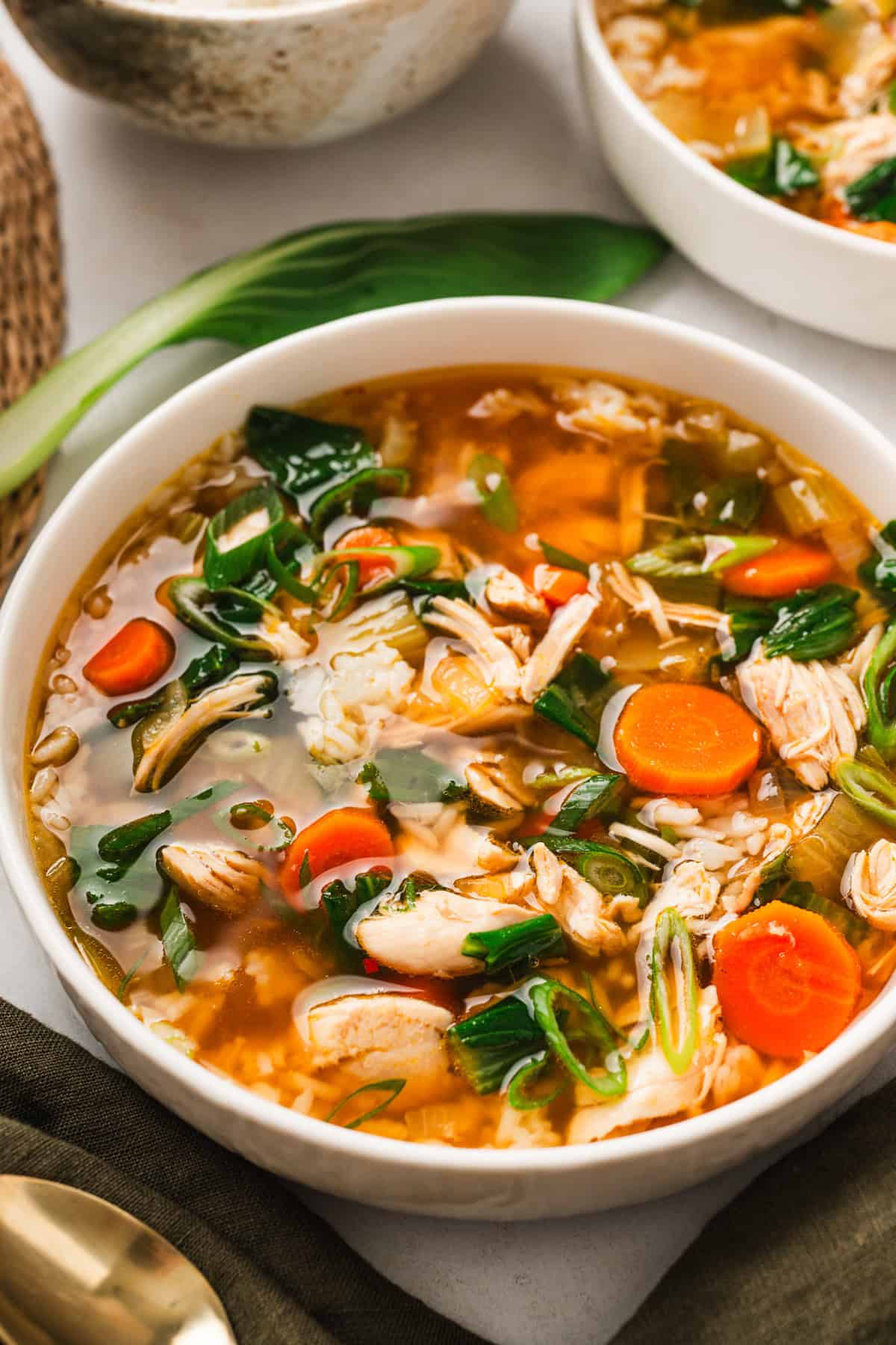 Asian Chicken and Rice Soup Asian Chicken and Rice Soup with Carrots, Bok Choy, and Rice - in a bowl.