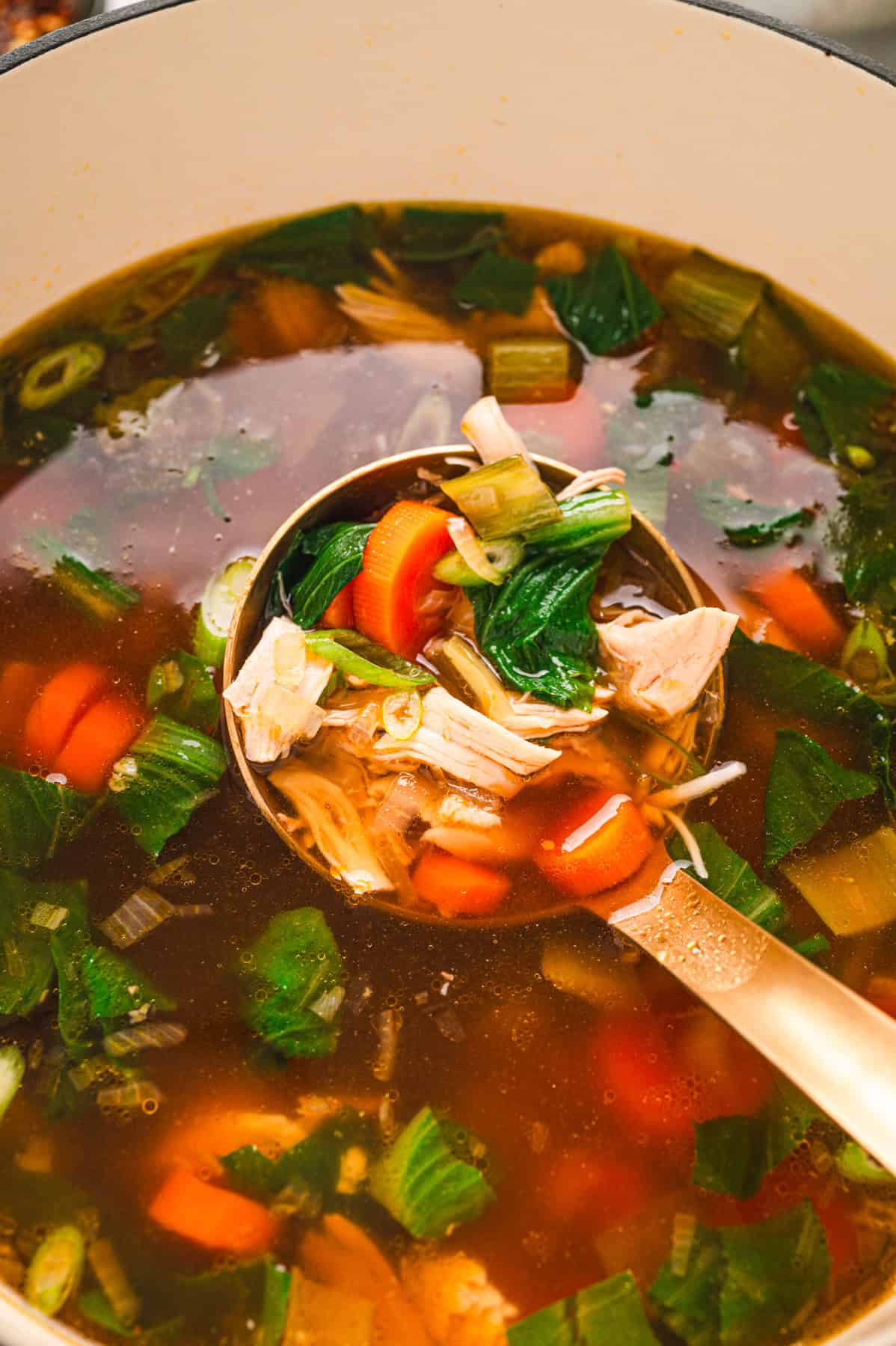 Asian Chicken and Rice Soup The close-up of the ladle of Asian Chicken and Rice Soup over the soup pot.