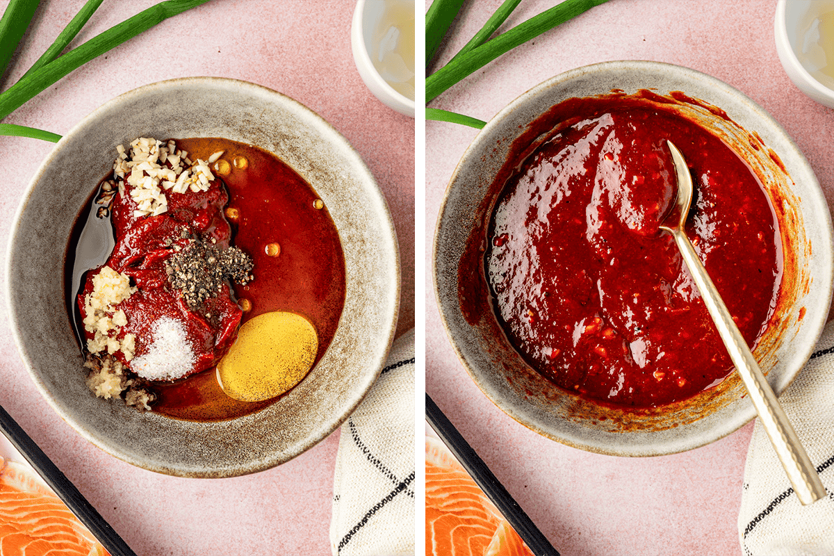 Side-by-side images show a bowl of unmixed sauce ingredients for gochujang salmon-minced garlic, black pepper, honey, salt, and pepper paste-then the same bowl with the ingredients mixed into a smooth red sauce.