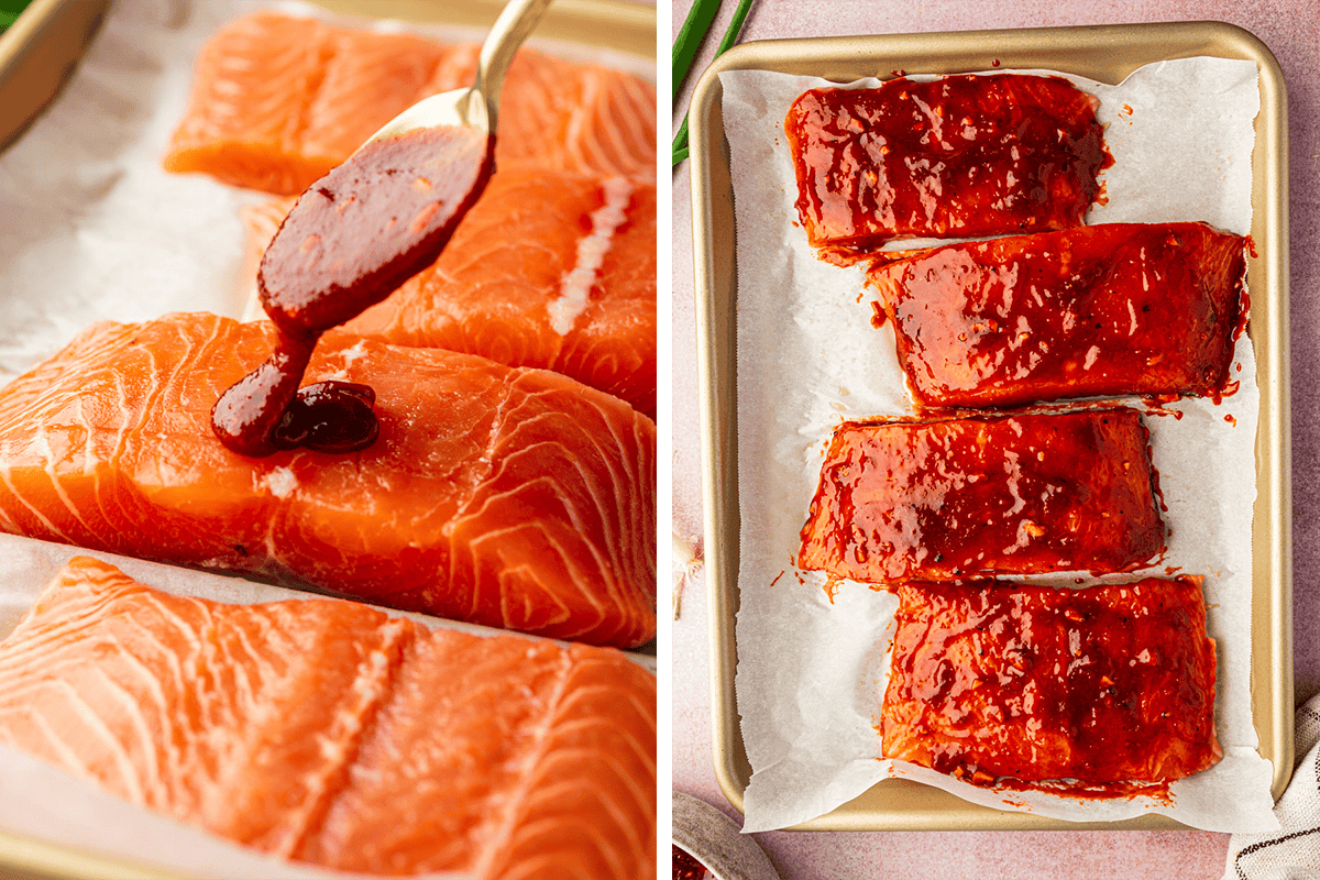 The image is split in two: on the left, a spoon spreads dark red gochujang sauce over raw salmon fillets; on the right, the gochujang salmon fillets are fully coated and ready to be cooked on a parchment paper lined sheet pan.