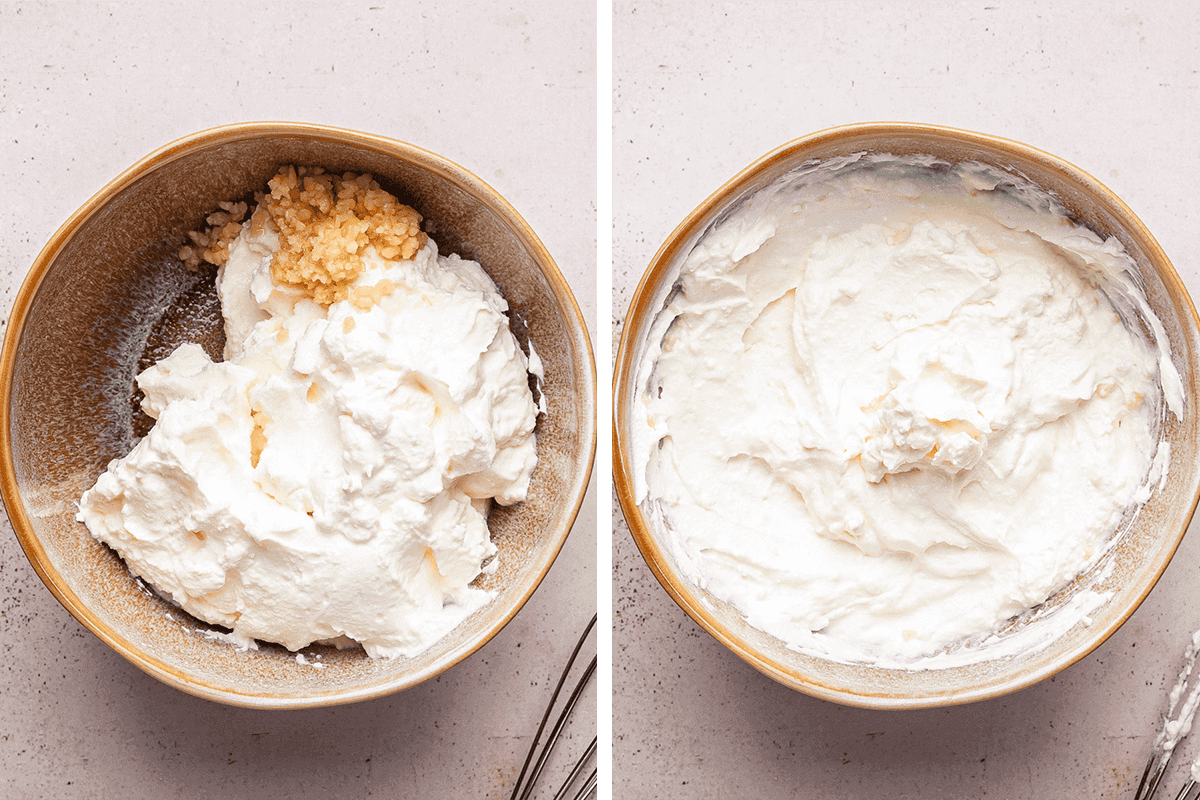 How to Make Turkish Pasta Side-by-side images of a mixing bowl: the left shows yogurt with minced garlic; the right reveals the mixture blended into a smooth, creamy texture.