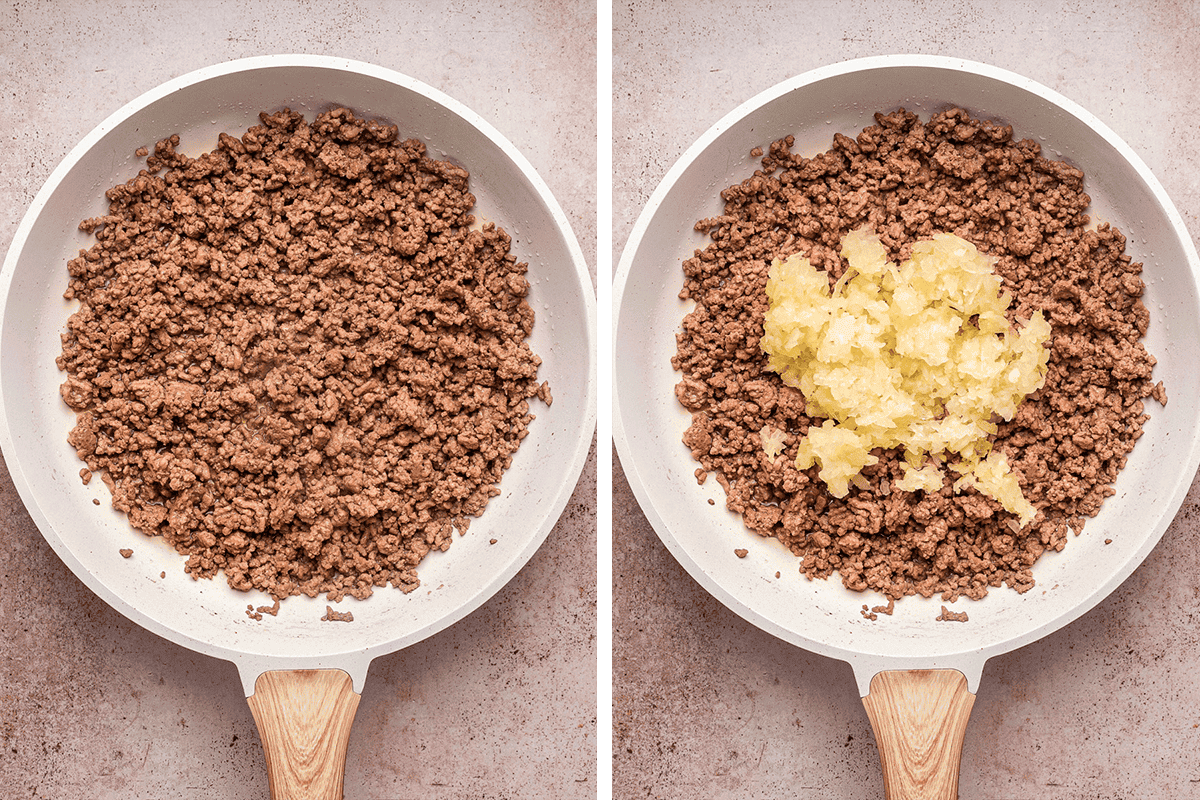 How to Make Turkish Pasta A side-by-side image of a white frying pan with cooked ground beef on the left, and on the right, the same pan with ground beef topped with a mound of finely chopped onions.