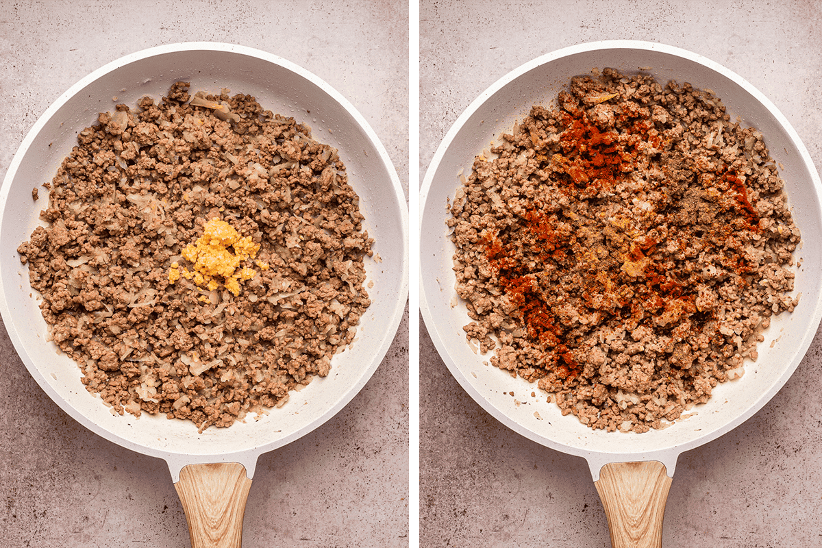How to Make Turkish Pasta Two white pans with cooked ground meat: the left pan has minced garlic on top, while the right pan features spices sprinkled over the meat.