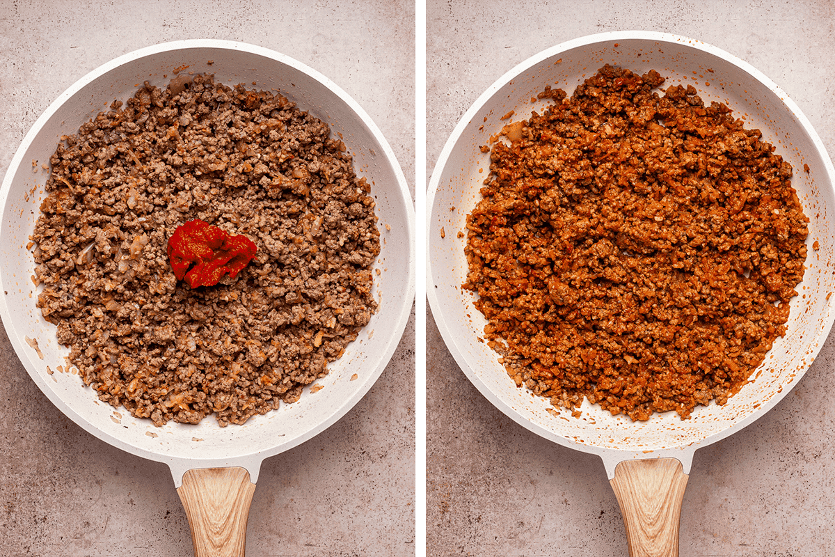 How to Make Turkish Pasta Side-by-side images of a white frying pan with cooked ground meat. Left: plain meat with a dollop of tomato paste. Right: meat mixed with tomato paste, creating a uniform reddish color.