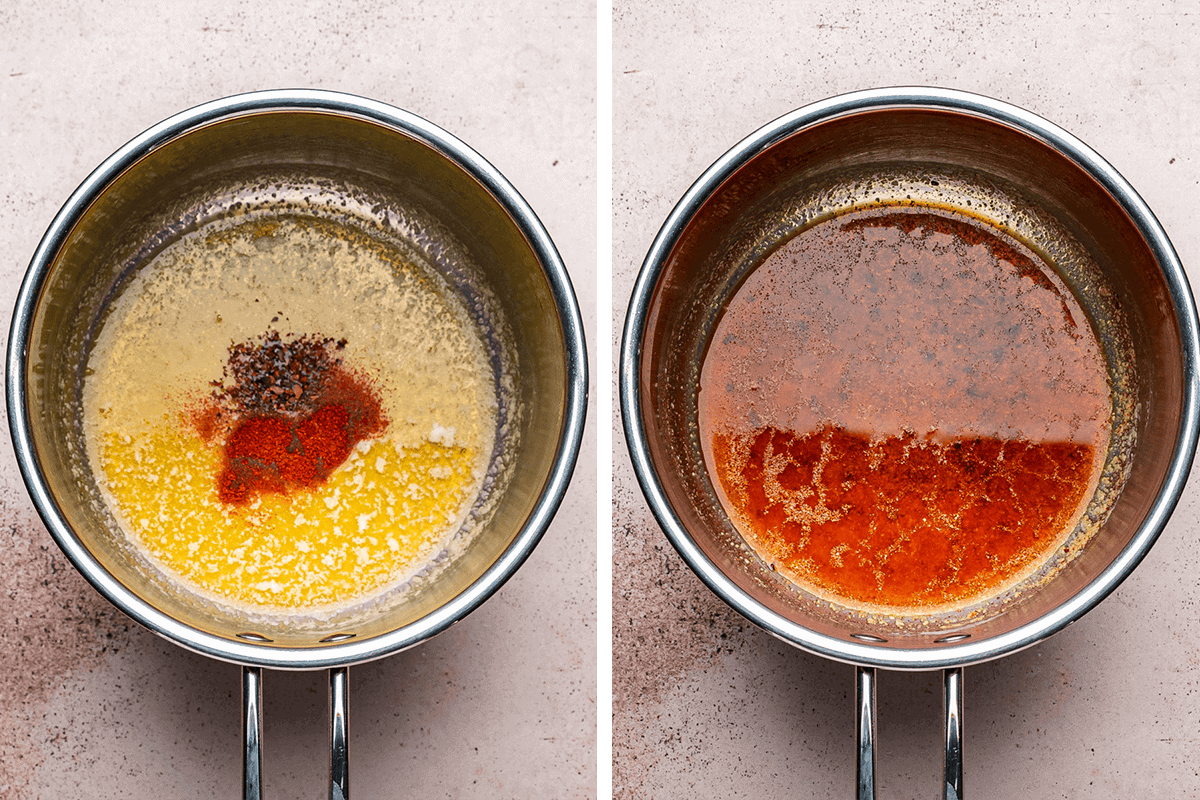 How to Make Turkish Pasta Side-by-side images of a saucepan with melted butter and spices for chili butter on the left, and the same pan with the spices mixed in, turning the butter a deep orange-red sauce on the right.