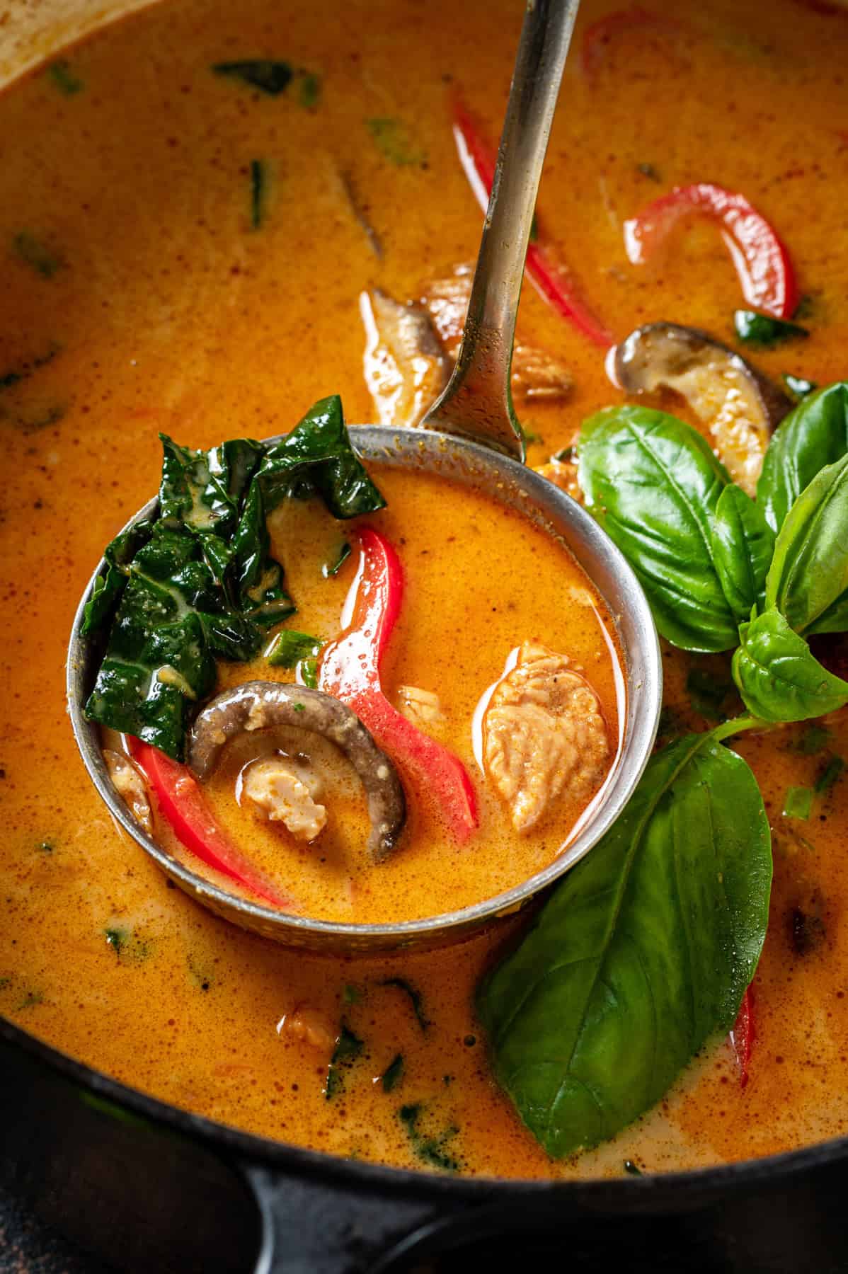 Thai chicken curry soup (with noodles, red bell peppers, and mushrooms) - in a ladle in a Dutch oven.