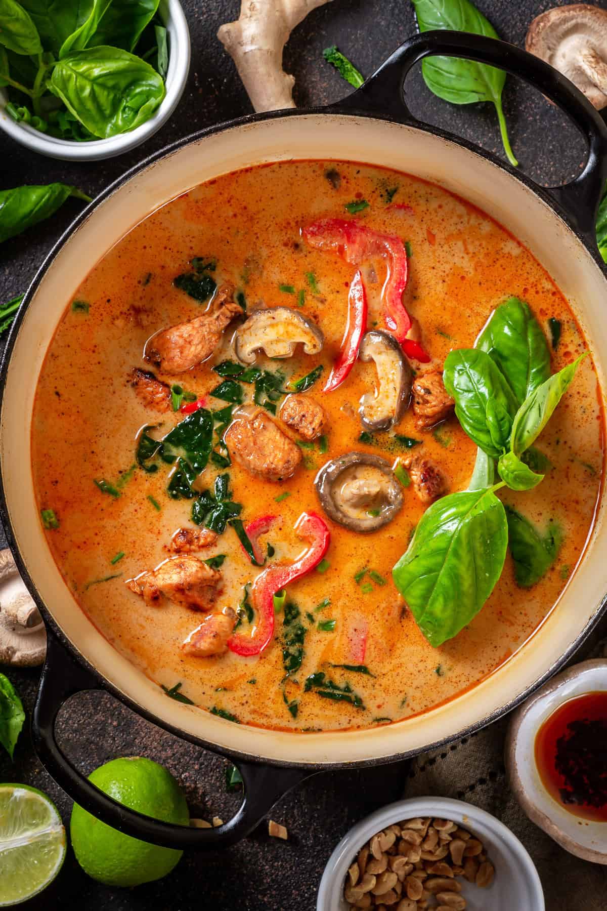 Thai chicken curry soup (with noodles, red bell peppers, and mushrooms) - in a Dutch oven.