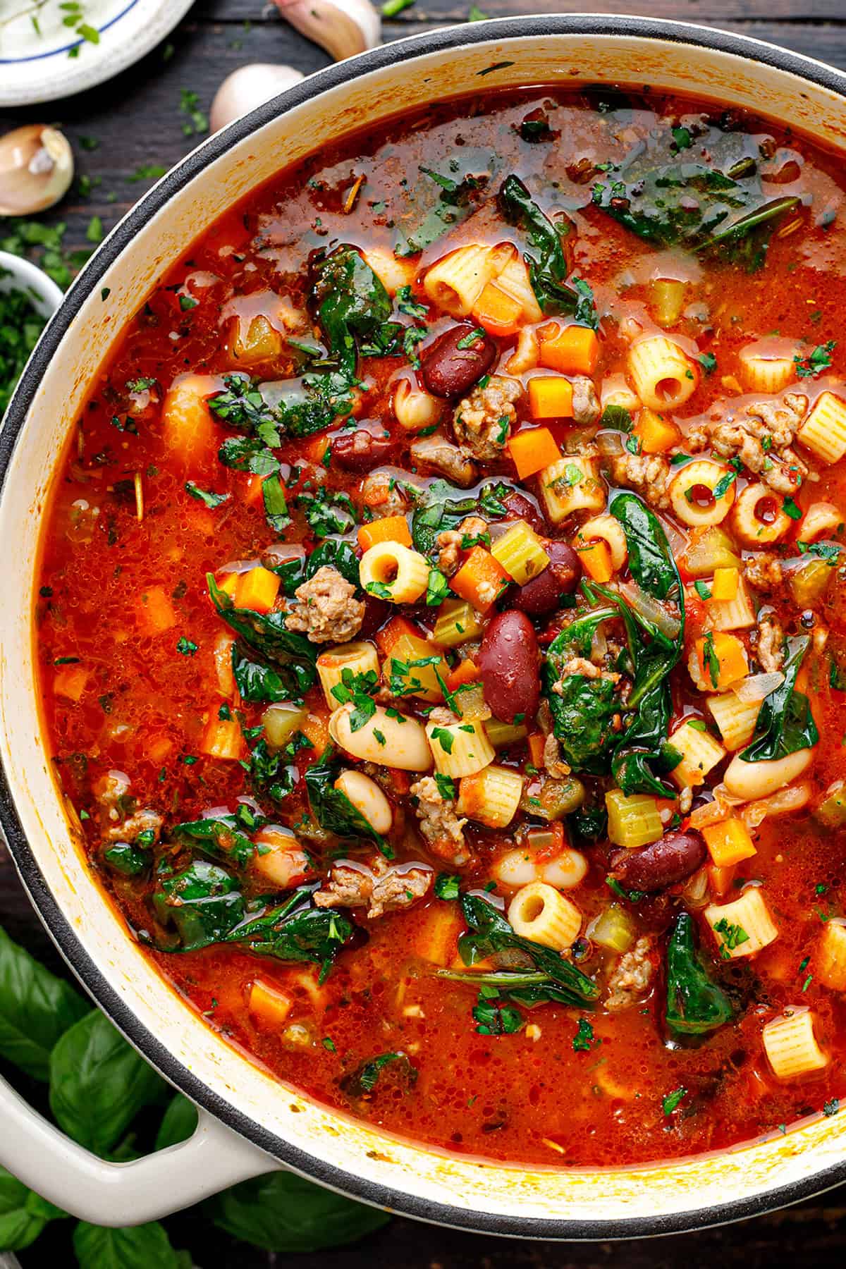 Pasta e Fagioli Soup (ditalini pasta, cannellini beans,  kidney beans, ground beef, and Italian Sausage in tomato broth) - in a large cooking Pot