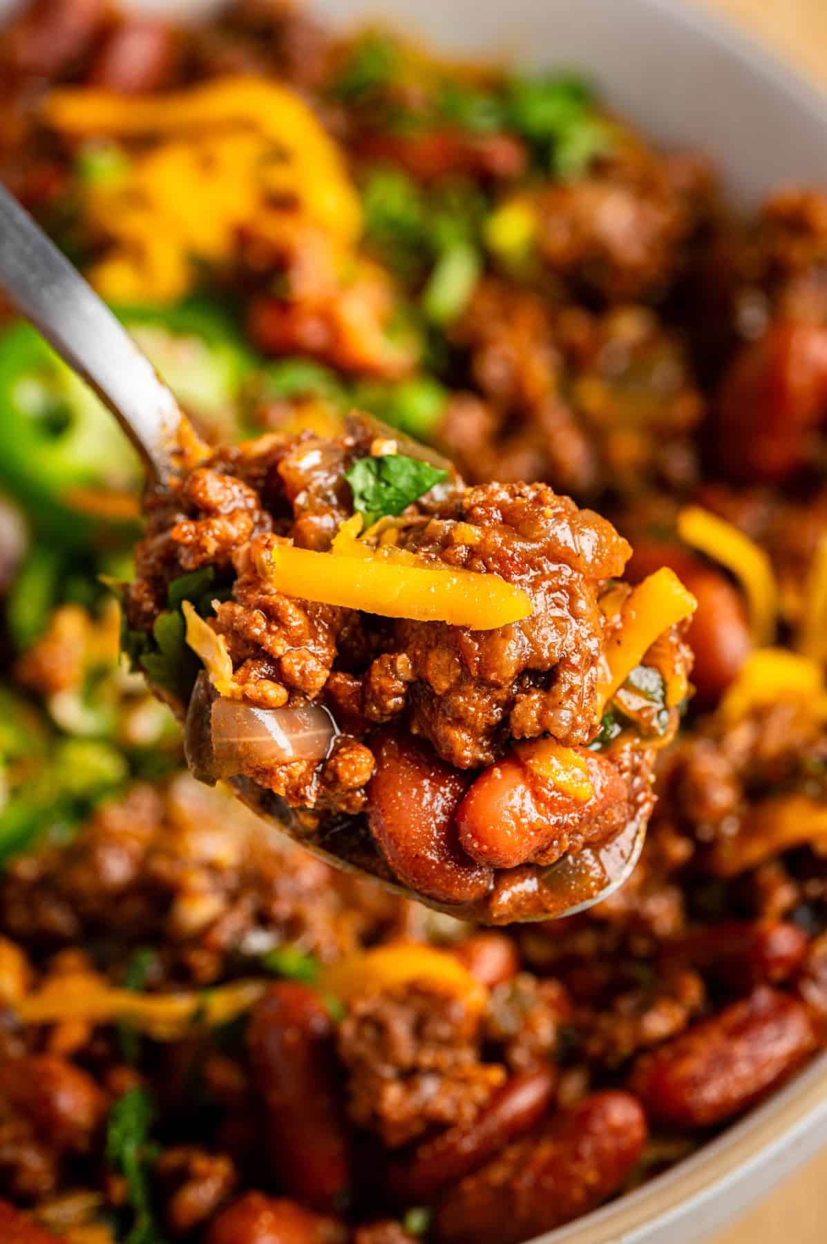 Beef Chili A spoonful of beef chili.