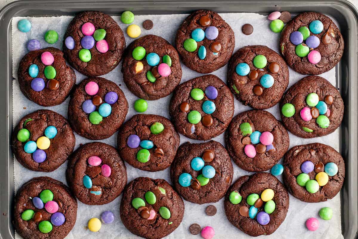 A baking tray lined with parchment paper holds rows of chocolate cookies topped with colorful candy-coated chocolates in pink, green, blue, and purple. A few chocolate chips are scattered around the cookies.
