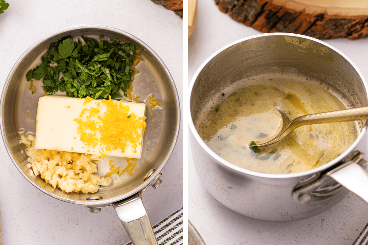 How to Make Sauce for Baked Tilapia Side-by-side images: left shows a saucepan with butter, chopped parsley, minced garlic, and lemon zest; right shows the same ingredients melted and mixed together with a spoon in the saucepan.
