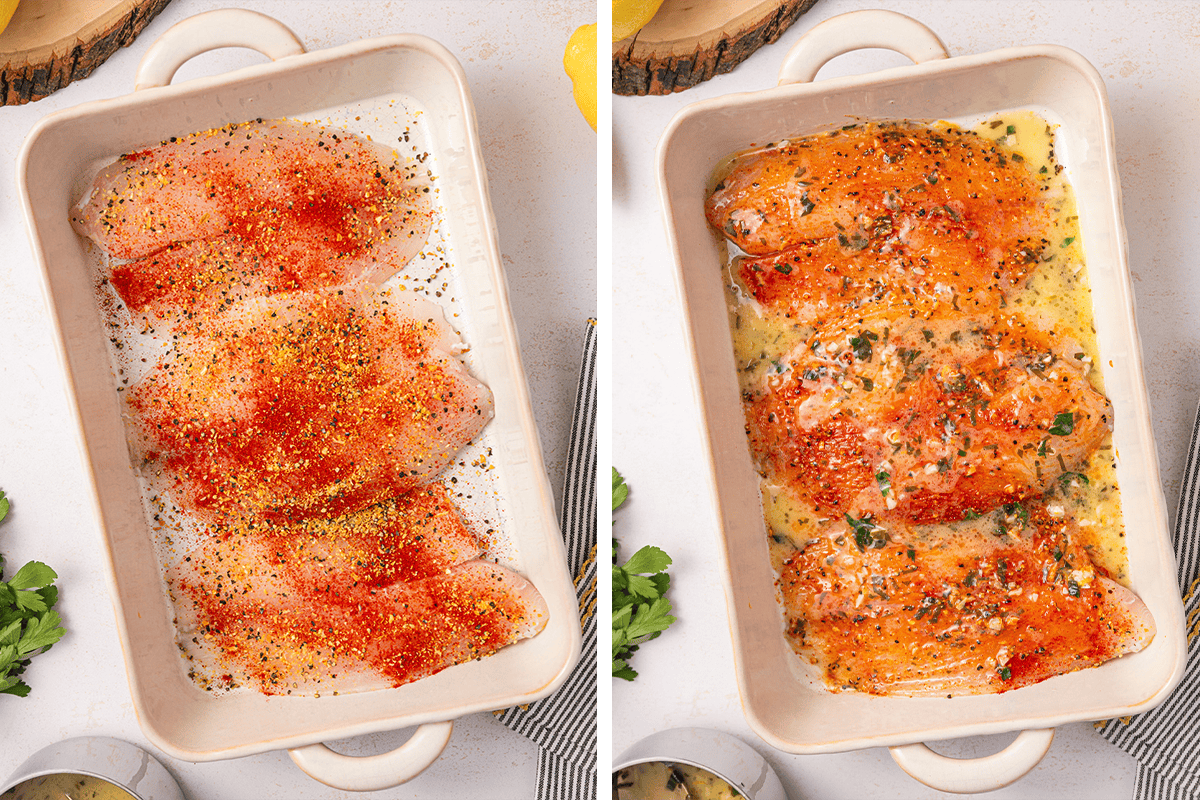 How to Bake Tilapia Filets in the Oven. Side-by-side images: Left, raw tilapia fillets in a baking dish seasoned with spices like paprika and lemon pepper seasoning. Right, the same fish baked, covered in a buttery sauce and sprinkled with herbs. Fresh parsley and lemon slices are nearby.