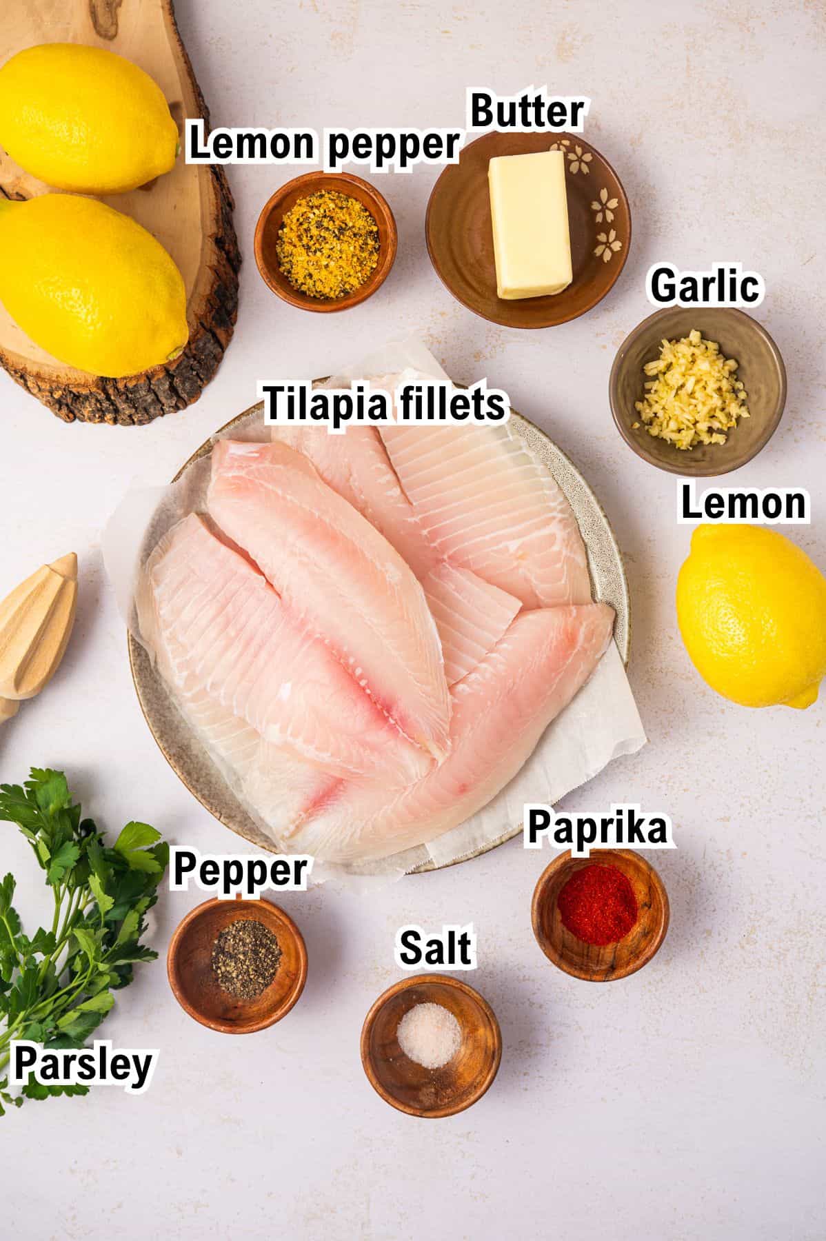The Ingredients for Baked Tilapia The Ingredients for Baked Tilapia recipe: A plate of raw tilapia fillets ready for baked tilapia, surrounded by labeled ingredients: lemon pepper, butter, garlic, lemon, paprika, salt, pepper, and parsley, with whole lemons and herb sprigs on a light surface.