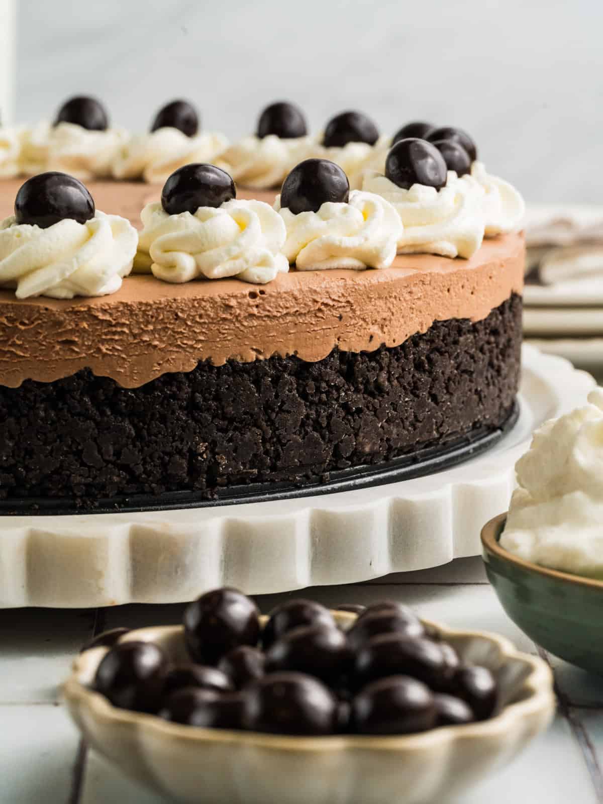 Mudslide Pie Mudslide Pie with a dark cookie crust, topped with whipped cream swirls and chocolate-covered espresso beans, sits on a white cake stand. A bowl of chocolate-covered espresso beans is in the foreground.