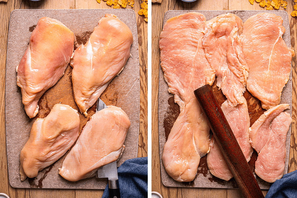 How to Make Baked Hot Honey Chicken (Step-by-Step Photos) Side-by-side images of raw chicken breasts on a cutting board. The left side shows four whole chicken breasts; the right side shows them sliced and being flattened with a rolling pin.