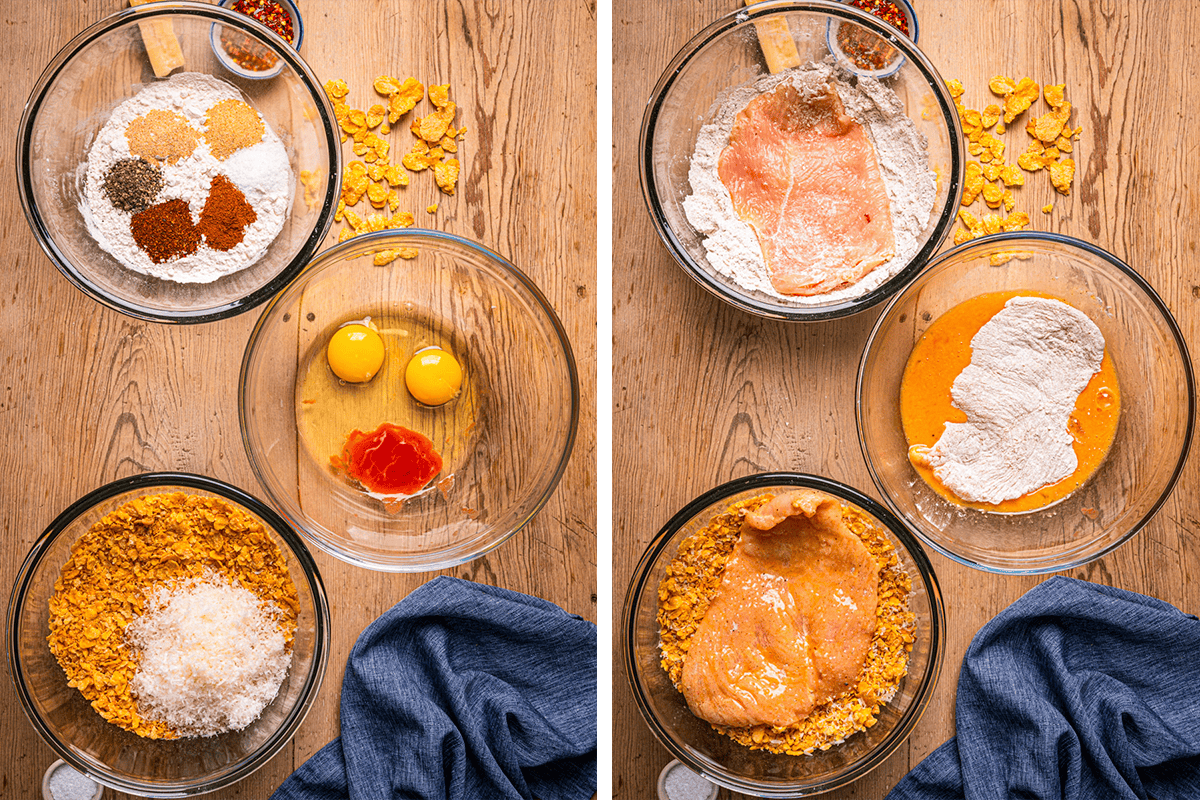 How to Make Baked Hot Honey Chicken (Step-by-Step Photos) Two side-by-side images showing bowls with ingredients for breaded chicken: flour and spices, eggs with hot sauce, crushed cornflakes, and raw chicken being coated in each mixture, all on a wooden surface with a blue cloth.