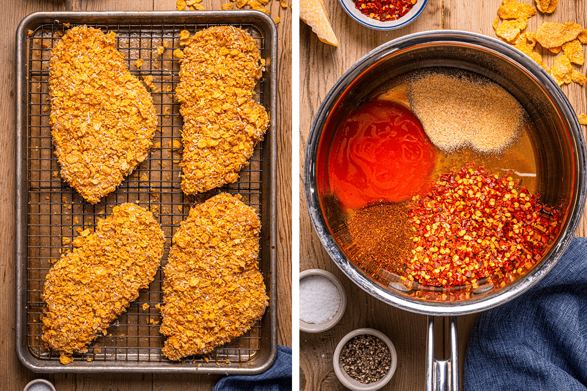 How to Make Baked Hot Honey Chicken (Step-by-Step Photos) Close-up of four breaded chicken breasts on a wire rack over a baking sheet (left), and a saucepan filled with honey, red pepper flakes, seasonings, and spices on a wooden surface (right).