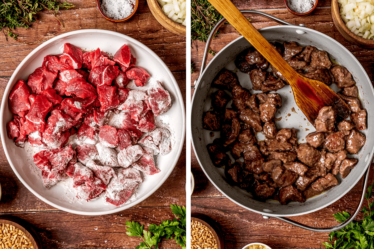 Side-by-side images: Left shows raw beef chunks coated in flour in a white bowl. Right shows the beef browning in a pan, being stirred with a wooden spoon. Surrounding ingredients are visible on a wooden surface.